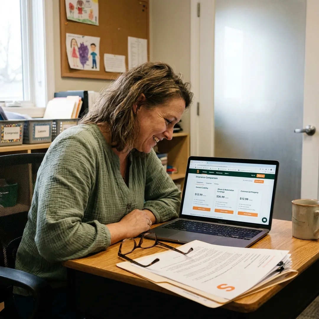 Daycare owner comparing insurance quotes online