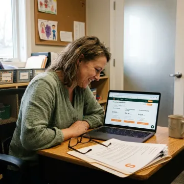 Daycare owner comparing insurance quotes online