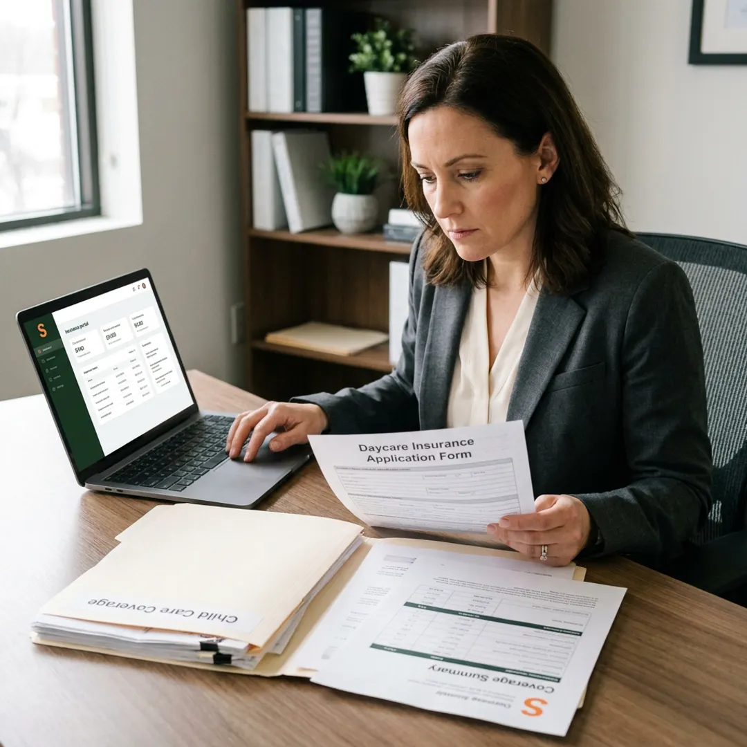 Insurance advisor reviewing daycare coverage documents