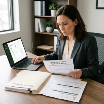 Insurance advisor reviewing daycare coverage documents