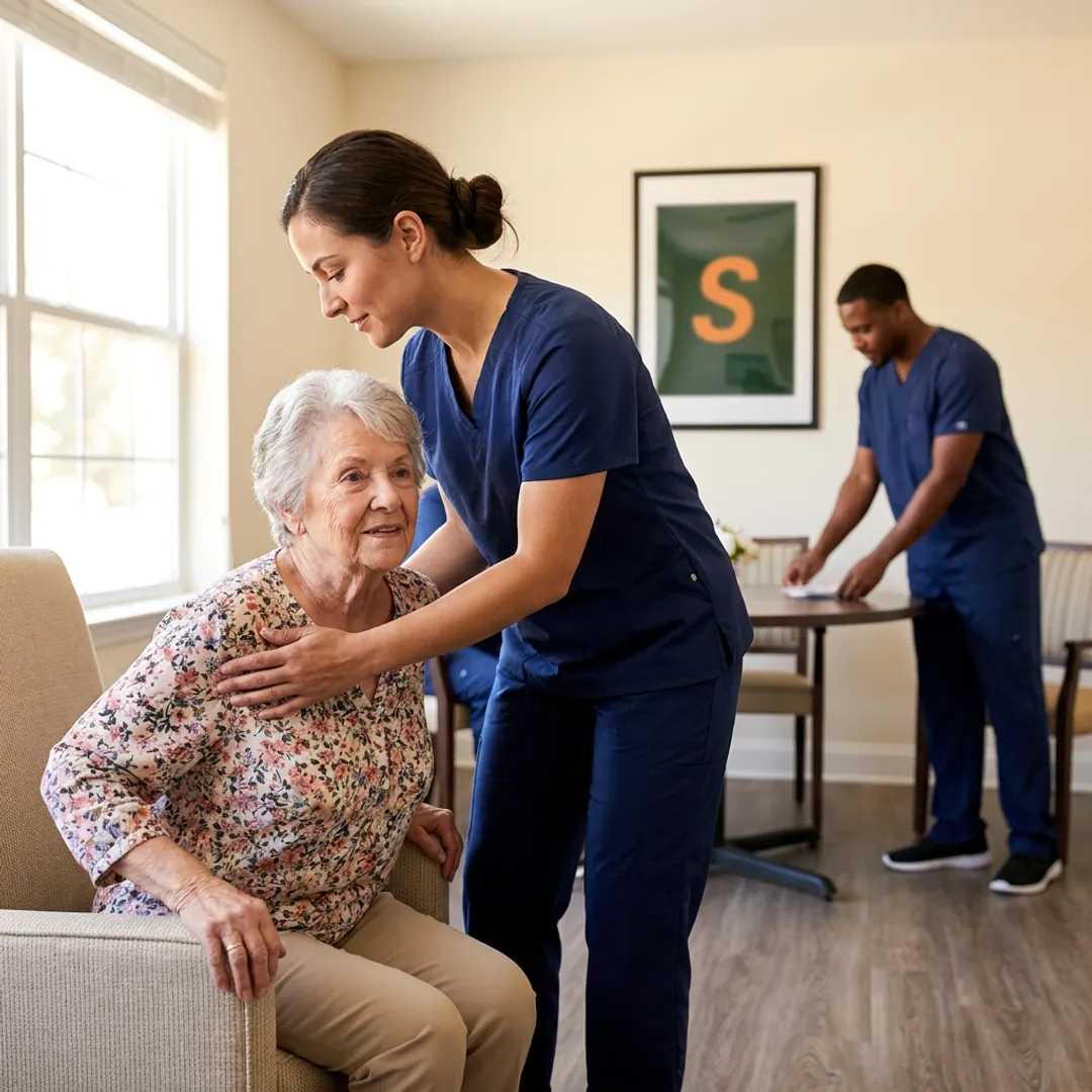 Caregiver assisting adult daycare participant