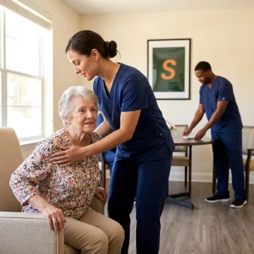 Caregiver assisting adult daycare participant