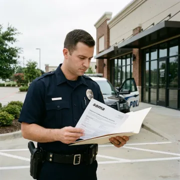 Security guard reviewing insurance documents beside a patrol vehicle