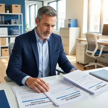 Business owner reviewing personal property insurance documents in a commercial office setting