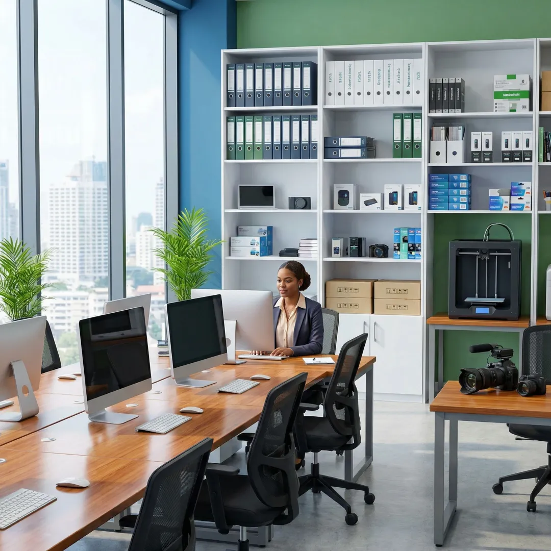 Commercial office interior showing business equipment, furniture, and inventory protected by BPP insurance