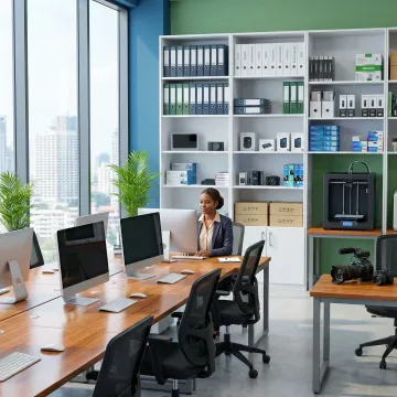 Commercial office interior showing business equipment, furniture, and inventory protected by BPP insurance