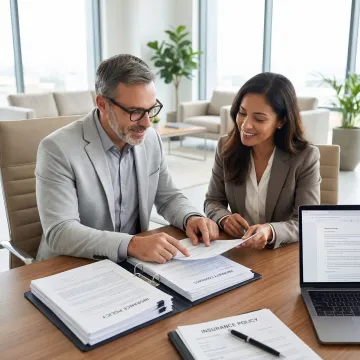 Insurance broker reviewing commercial property coverage documents with a business owner