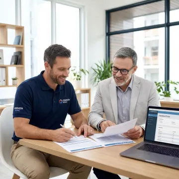 Insurance broker reviewing HVAC contractor coverage documents with a technician