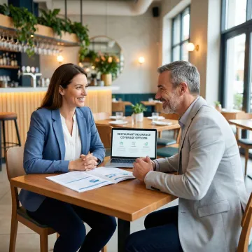 Insurance broker discussing cyber liability policy options with a restaurant owner at a dining establishment