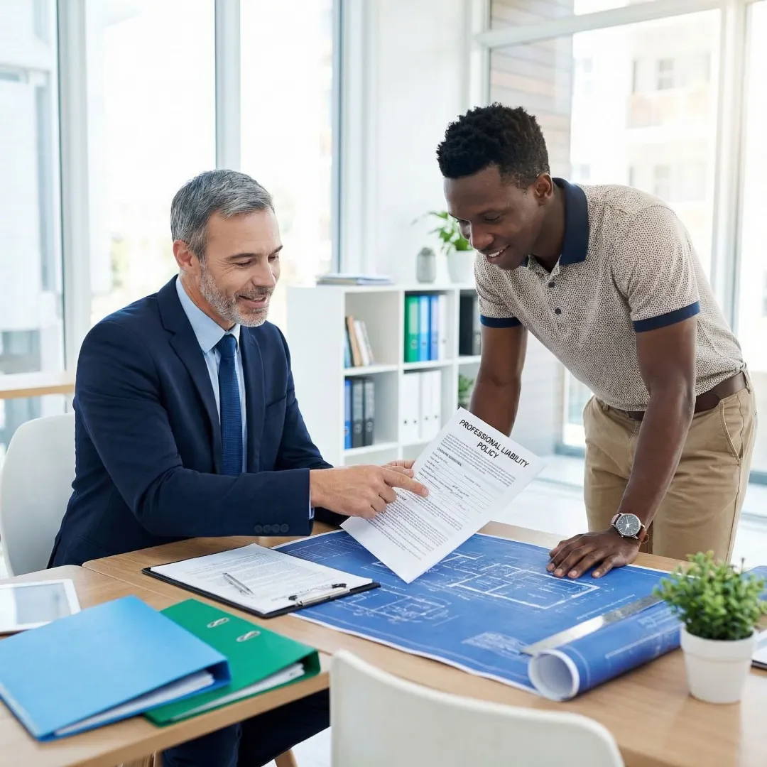Insurance specialist discussing contractors professional liability policy with a construction project manager