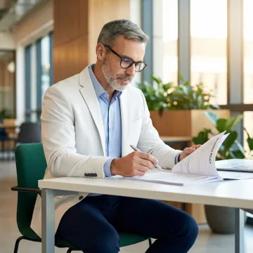 Professional reviewing a malpractice insurance policy document at a modern office desk