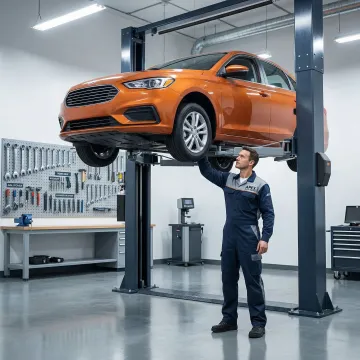 Auto repair shop technician working under a lifted vehicle inside a professional garage