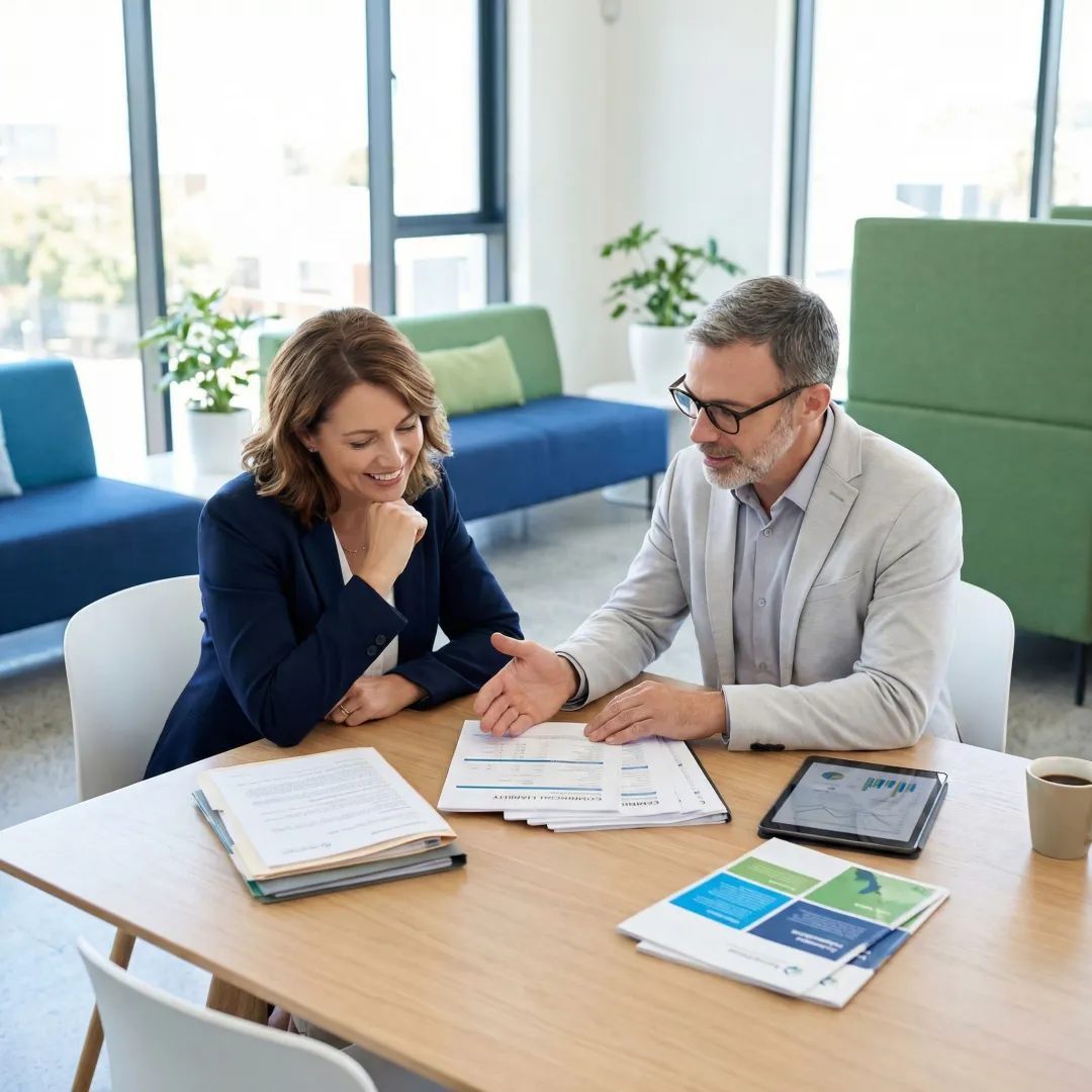 Insurance broker discussing general liability policy options with a North Carolina small business owner