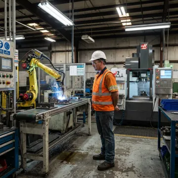A manufacturing plant worker operating heavy machinery safely with protective gear.