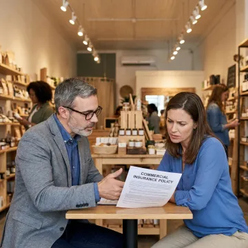 An insurance agent discussing a policy with a small business owner in their shop.