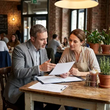 An insurance agent reviewing a restaurant's insurance application on a tablet.