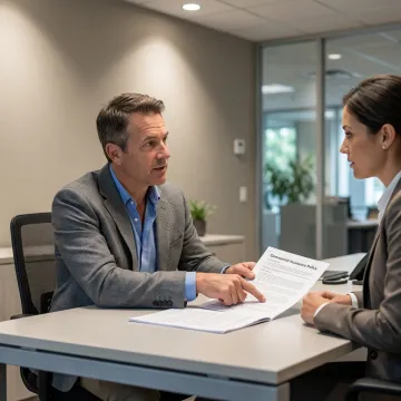 An insurance advisor discussing a policy with a health and safety consultant.