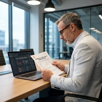 A cyber liability attorney reviewing an insurance policy in a modern office.