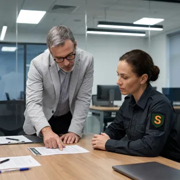An insurance broker discussing a policy with a security company owner in a San Jose office.