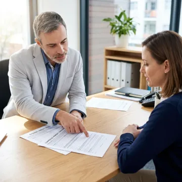 An insurance agent discussing a policy with a business owner in their office.