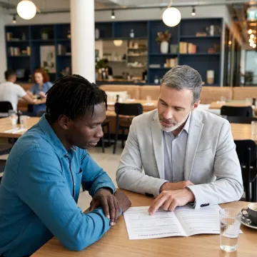 An insurance expert discussing a policy with a sushi restaurant owner.