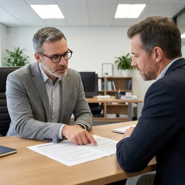 An insurance agent discussing a policy with a security agency owner in an office.