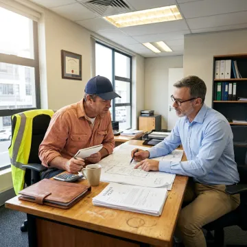 An insurance broker reviewing construction blueprints with a client in an office.