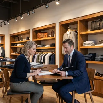An insurance broker discussing a policy with a specialty retail shop owner inside their store.
