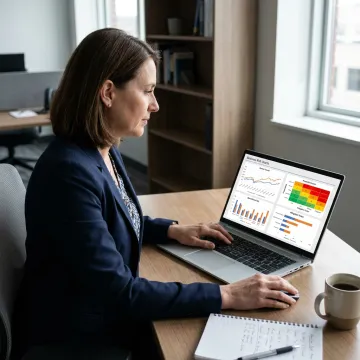 Risk management expert analyzing business data on a computer.