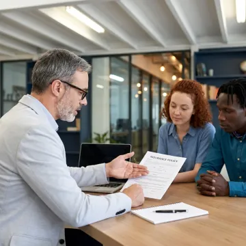 An insurance professional presenting a policy document to a client across a desk.
