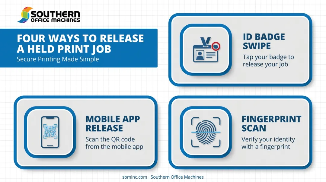 Four secure print job release authentication methods icon grid