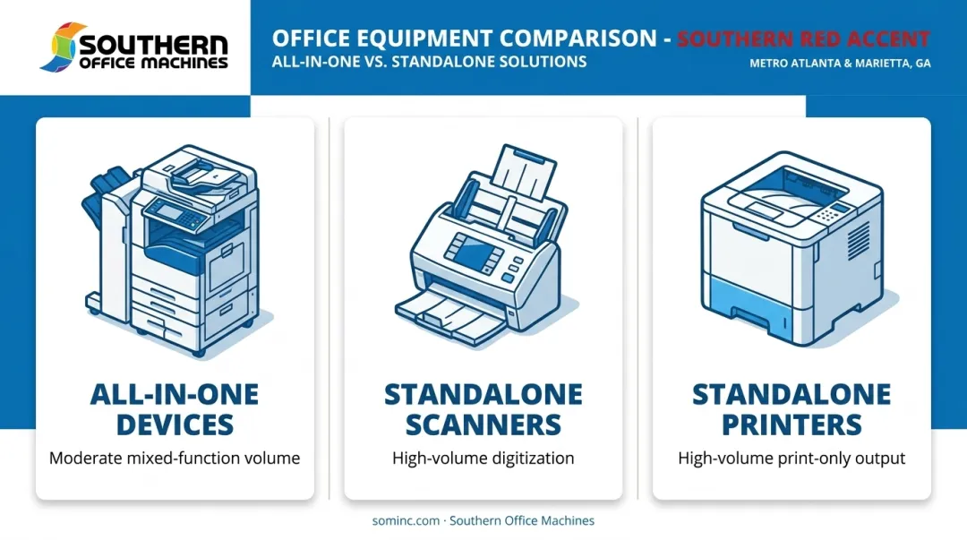 Comparison of all-in-one printers standalone scanners and standalone printers for offices