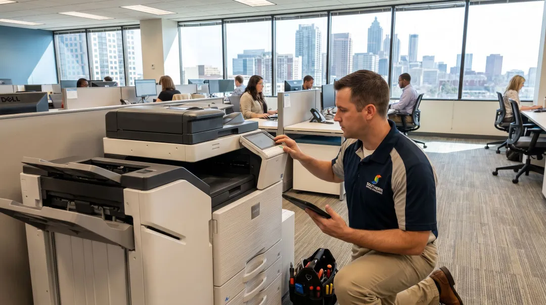Southern Office Machines technician performing on-site print assessment inspection