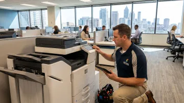 Southern Office Machines technician performing on-site print assessment inspection