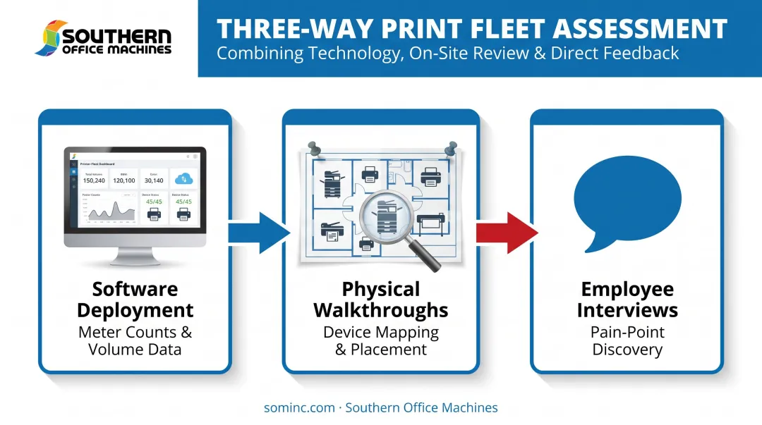 Three-method print assessment process combining software walkthroughs and interviews
