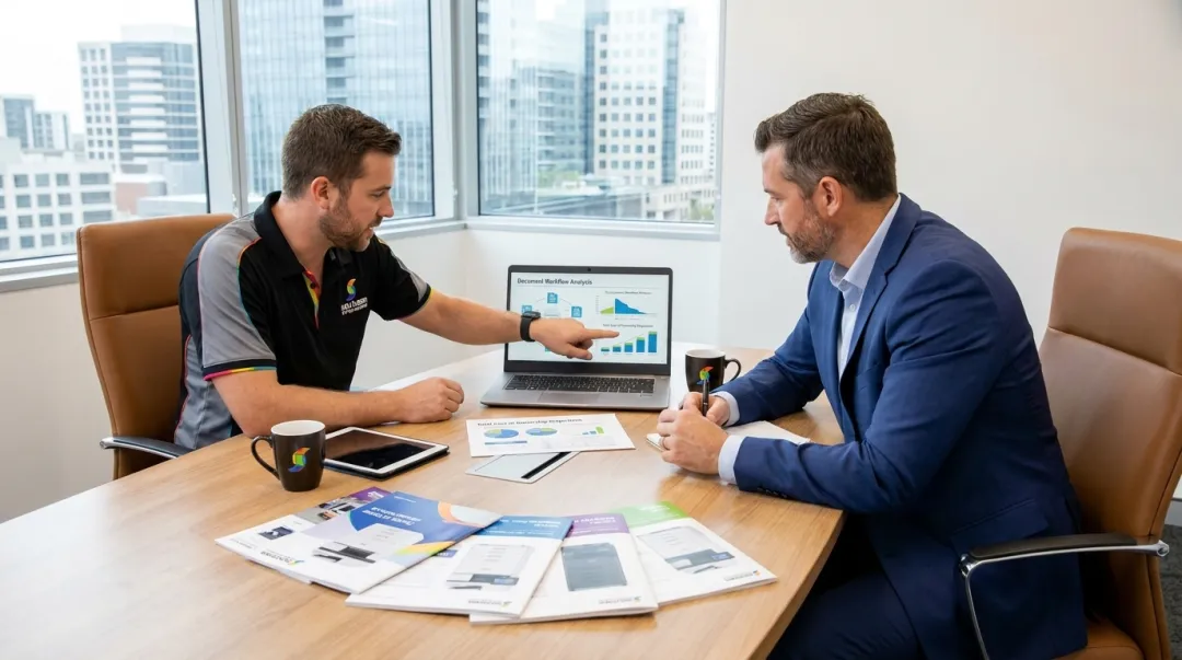Factory-trained technician consulting Metro Atlanta business on duplex printer selection