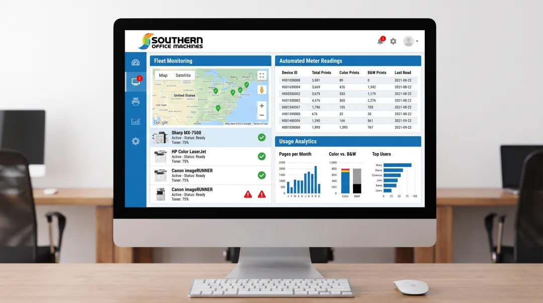 Managed print services dashboard showing fleet monitoring and meter readings