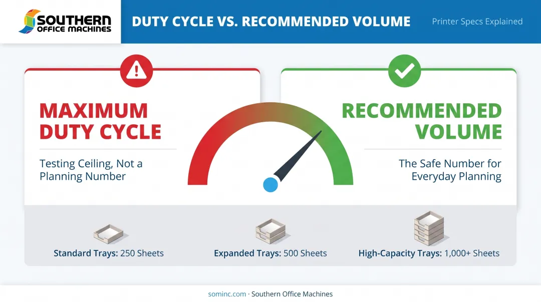 Maximum duty cycle versus recommended monthly volume comparison chart
