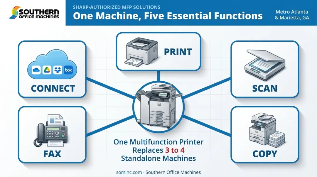 Multifunction printer hub diagram showing print scan copy fax connect functions