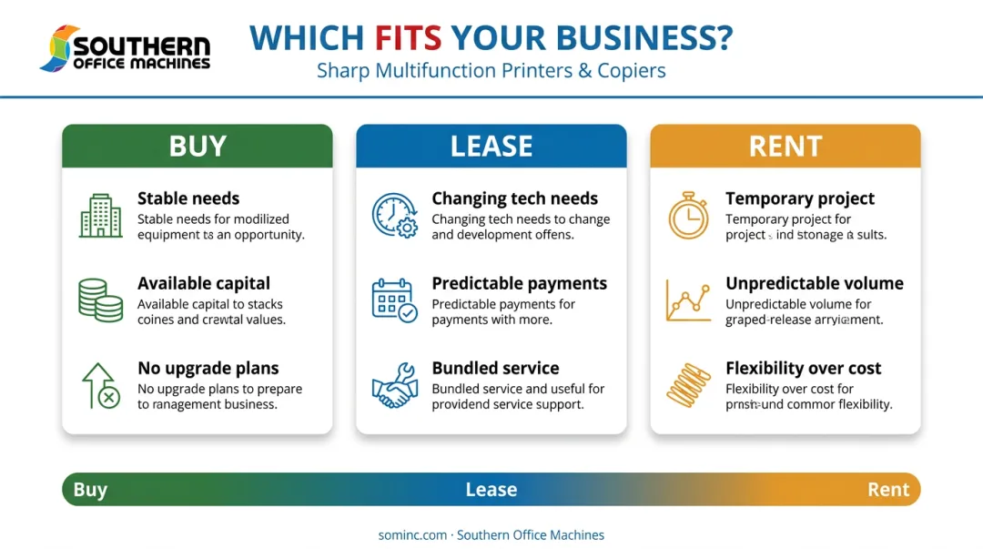 Buy versus lease versus rent copier equipment decision comparison