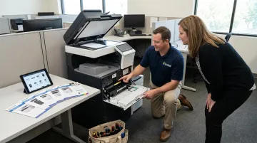 Southern Office Machines technician evaluating office printer workflow and equipment options