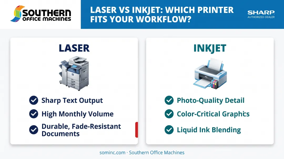 Laser versus inkjet printer strengths comparison for business use