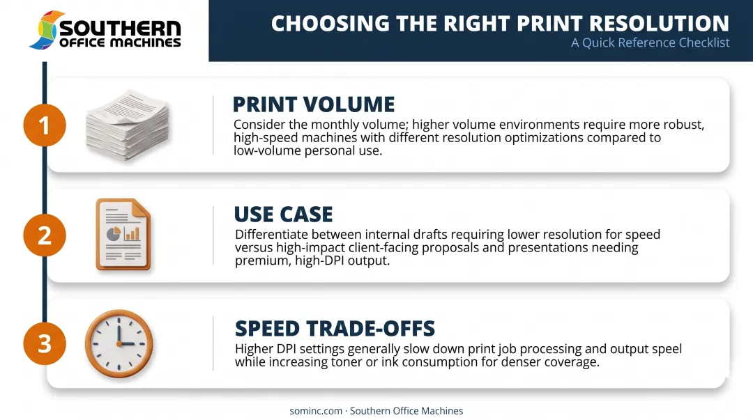 Three factors for choosing office printer DPI settings checklist