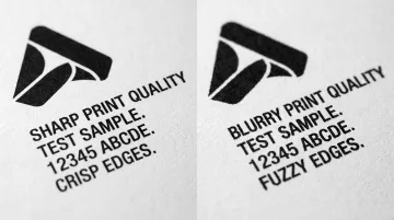 Close-up comparison of sharp versus blurry printed text and logo detail