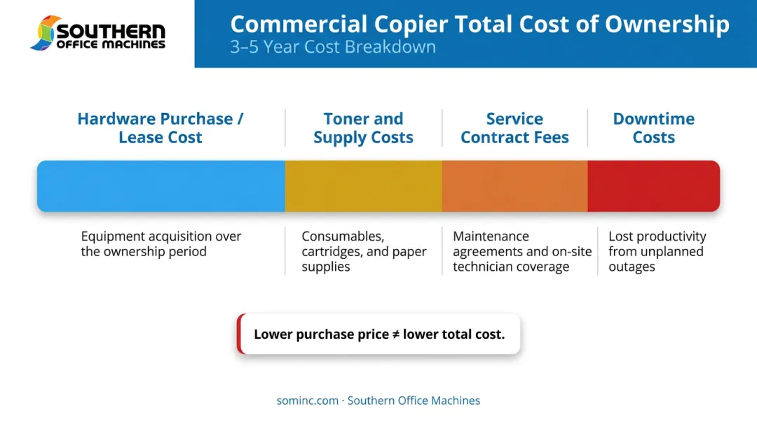 Total cost of ownership breakdown for commercial copier over three to five years