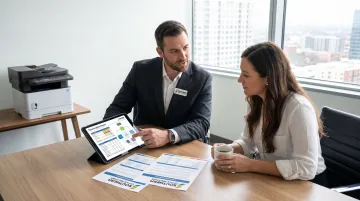 Southern Office Machines technician consulting with client on print needs assessment