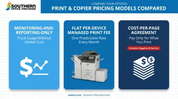Comparison of three remote printer management pricing models and features