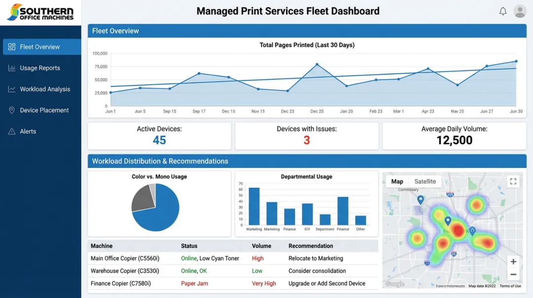 Managed Print Services fleet monitoring dashboard showing device usage across offices
