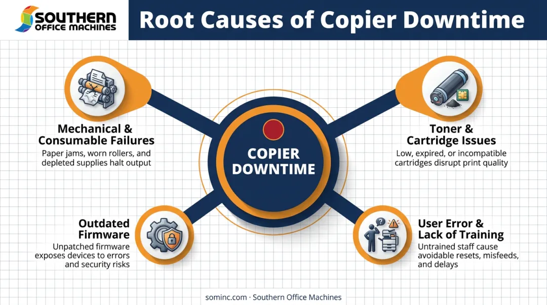 Four common causes of copier downtime breakdown infographic