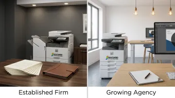 Two business professionals in separate office settings reviewing printer lease and purchase decisions